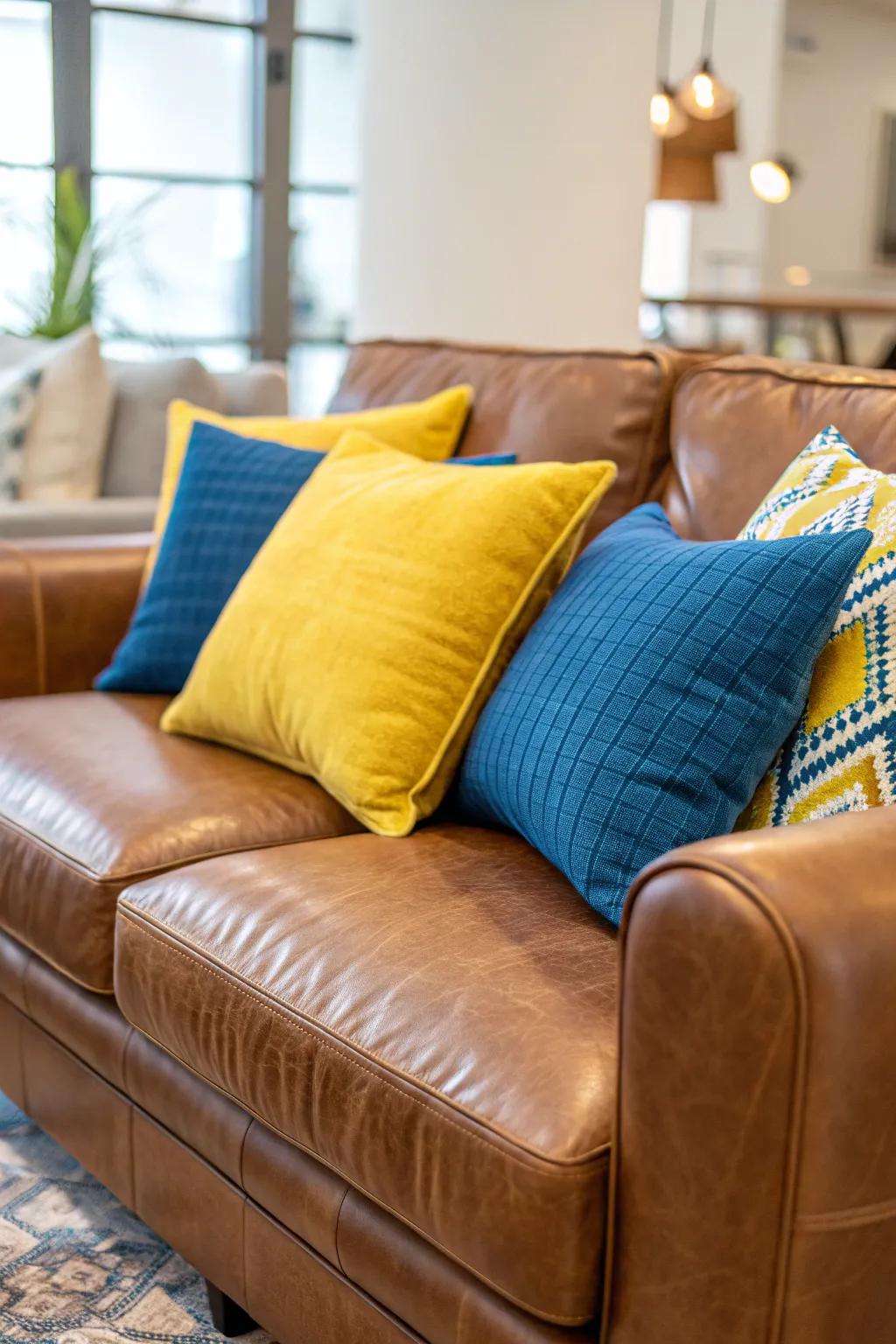 Contrasting colors add a vibrant pop to a brown leather couch.
