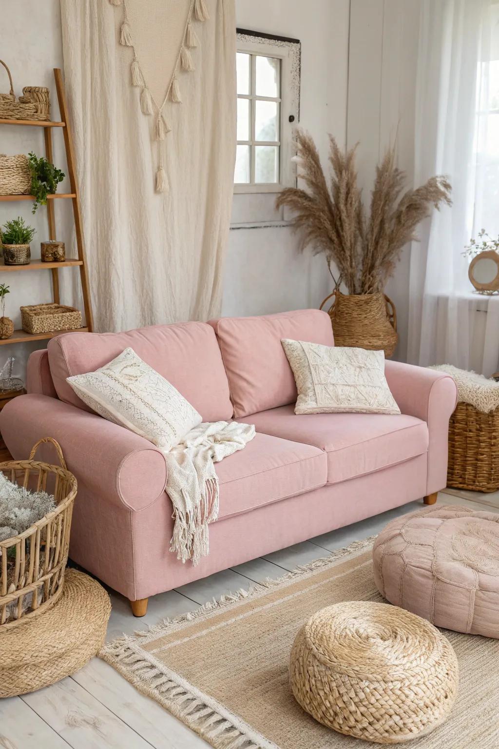 A pastel pink couch pairs beautifully with soft whites, offering a serene vibe.