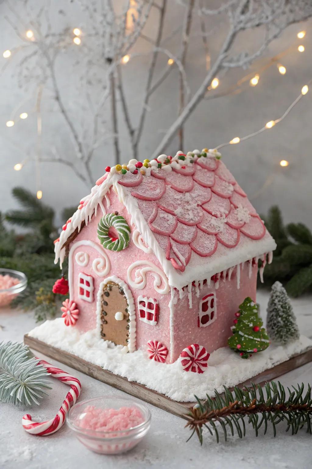 A classic pink gingerbread house with candy cane accents.
