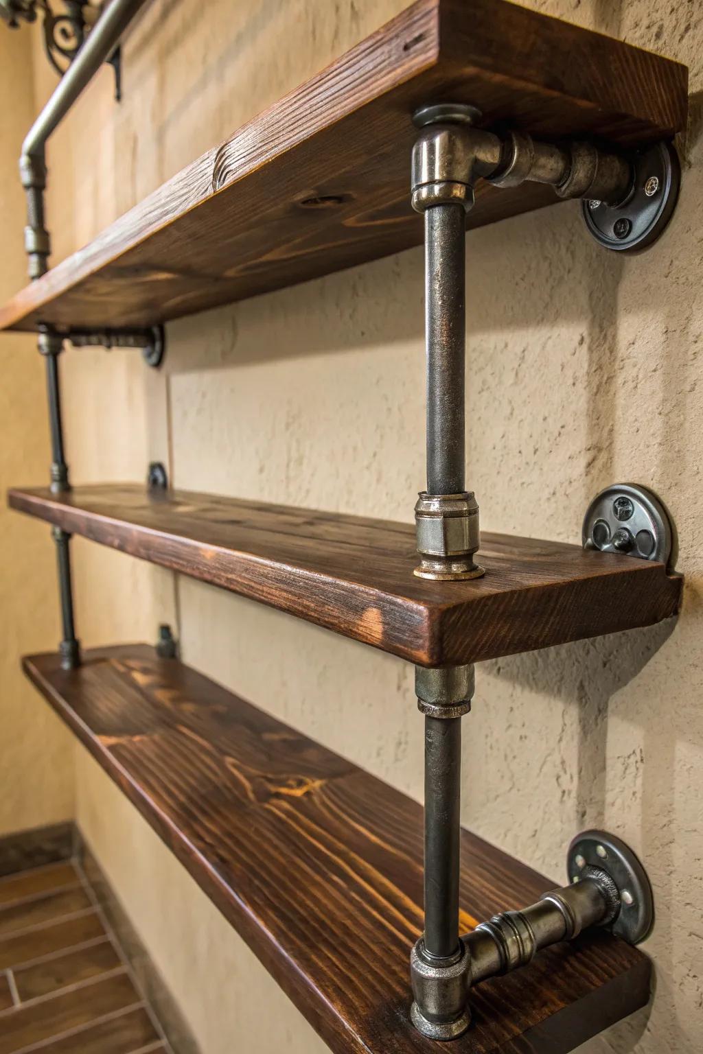 Industrial elegance meets craftsmanship: elevate your space with timeless pipe shelving.