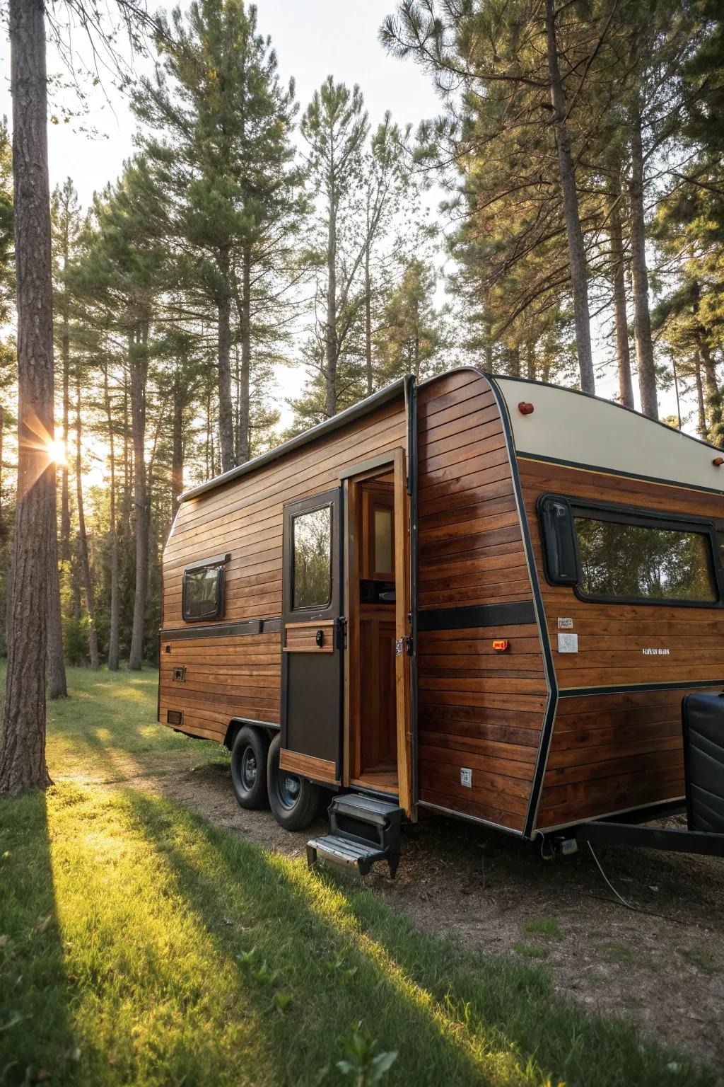 Turn your camper into a cozy cabin on wheels with a handcrafted wooden exterior.