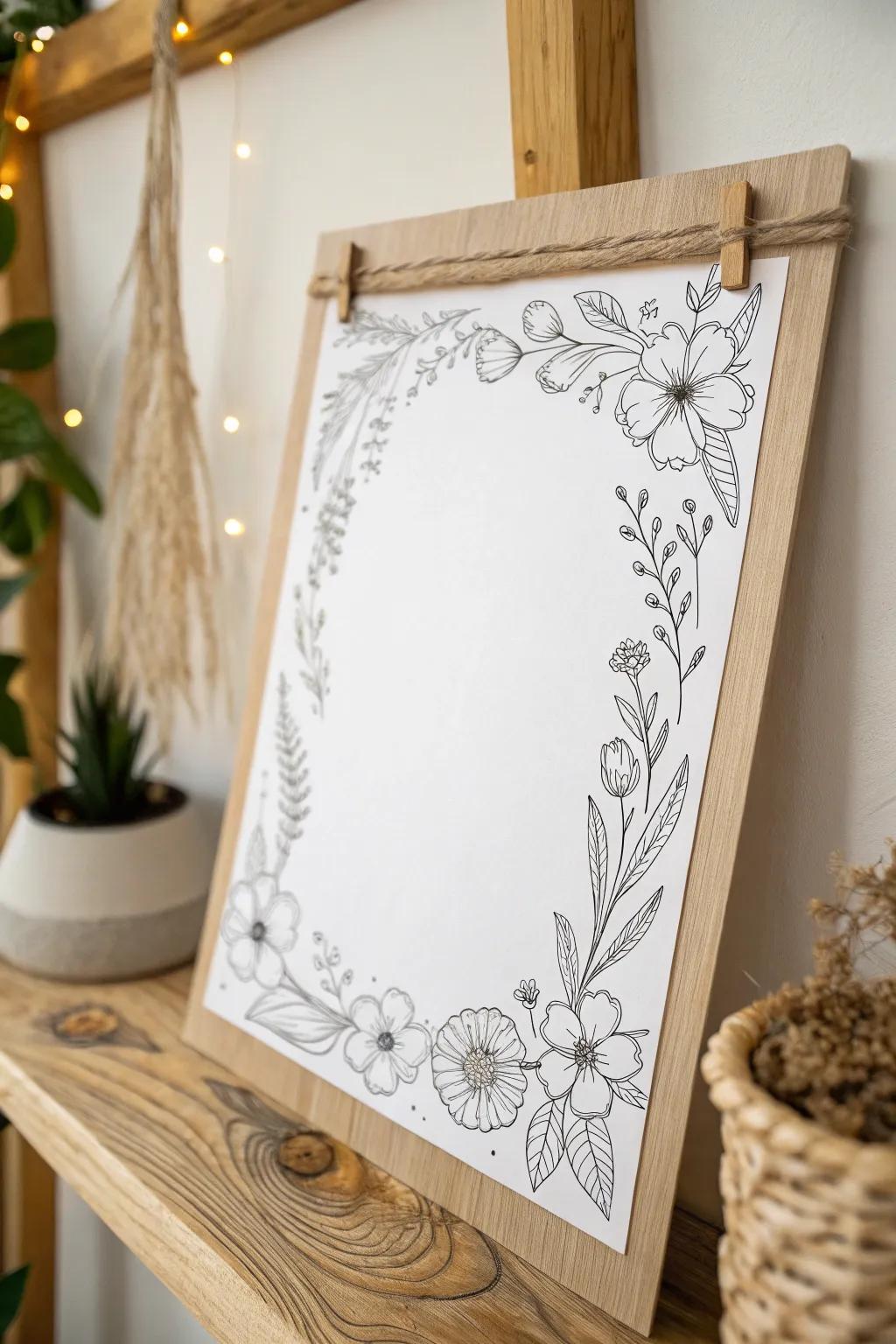 Elevate your wall art with the charm of hand-drawn floral borders—where minimalism meets bohemian elegance.