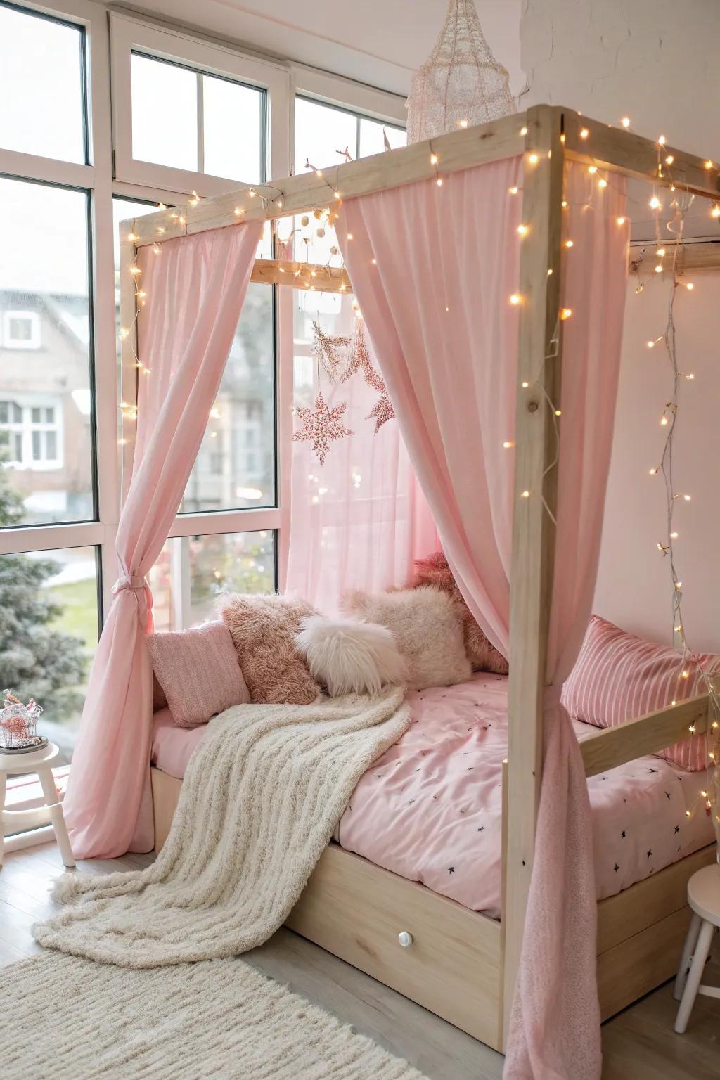 A classic canopy bed adorned with pink drapery and twinkling fairy lights.
