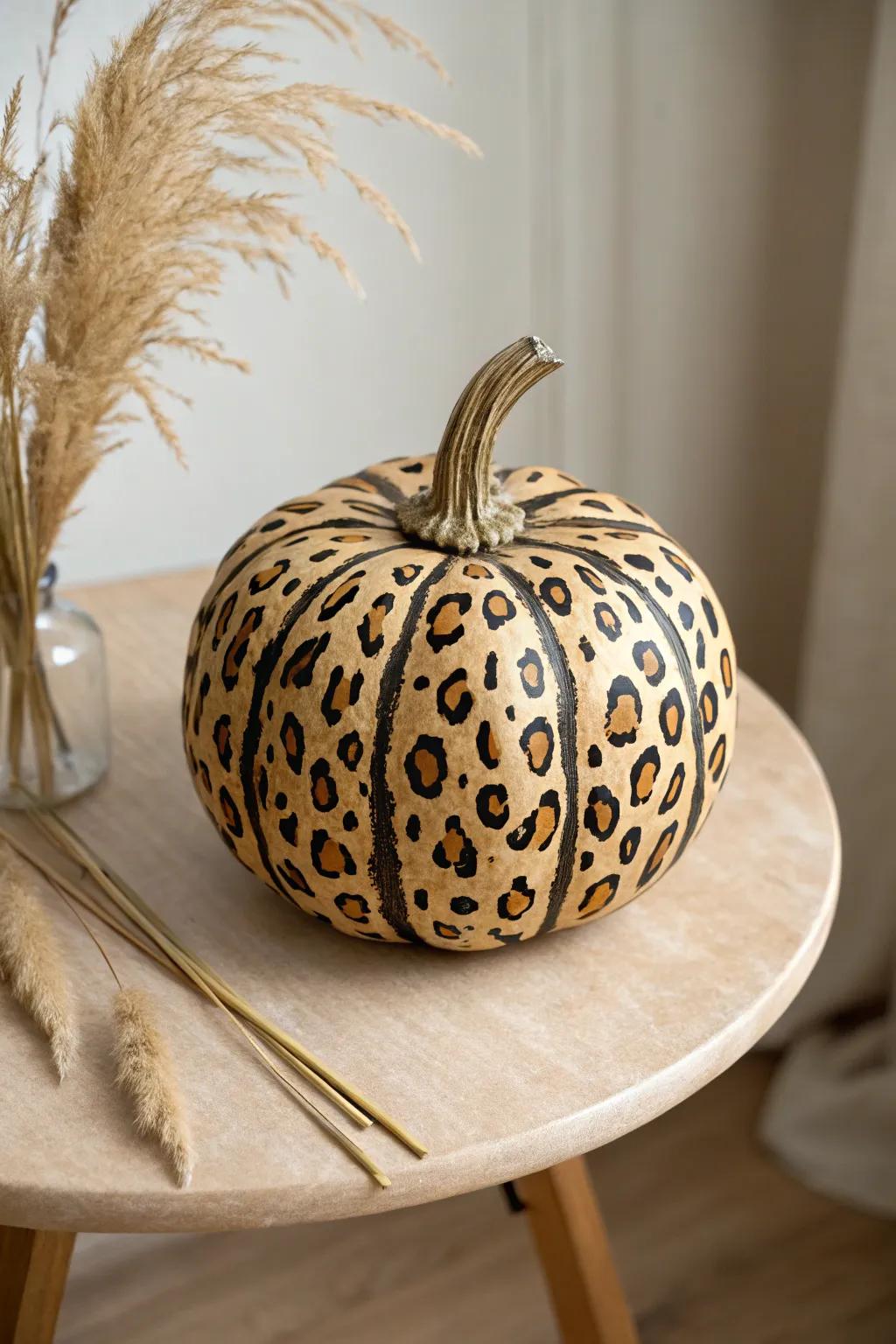 Unleash your wild side with a chic leopard print pumpkin, the perfect autumn centerpiece for a stylish dinner party.