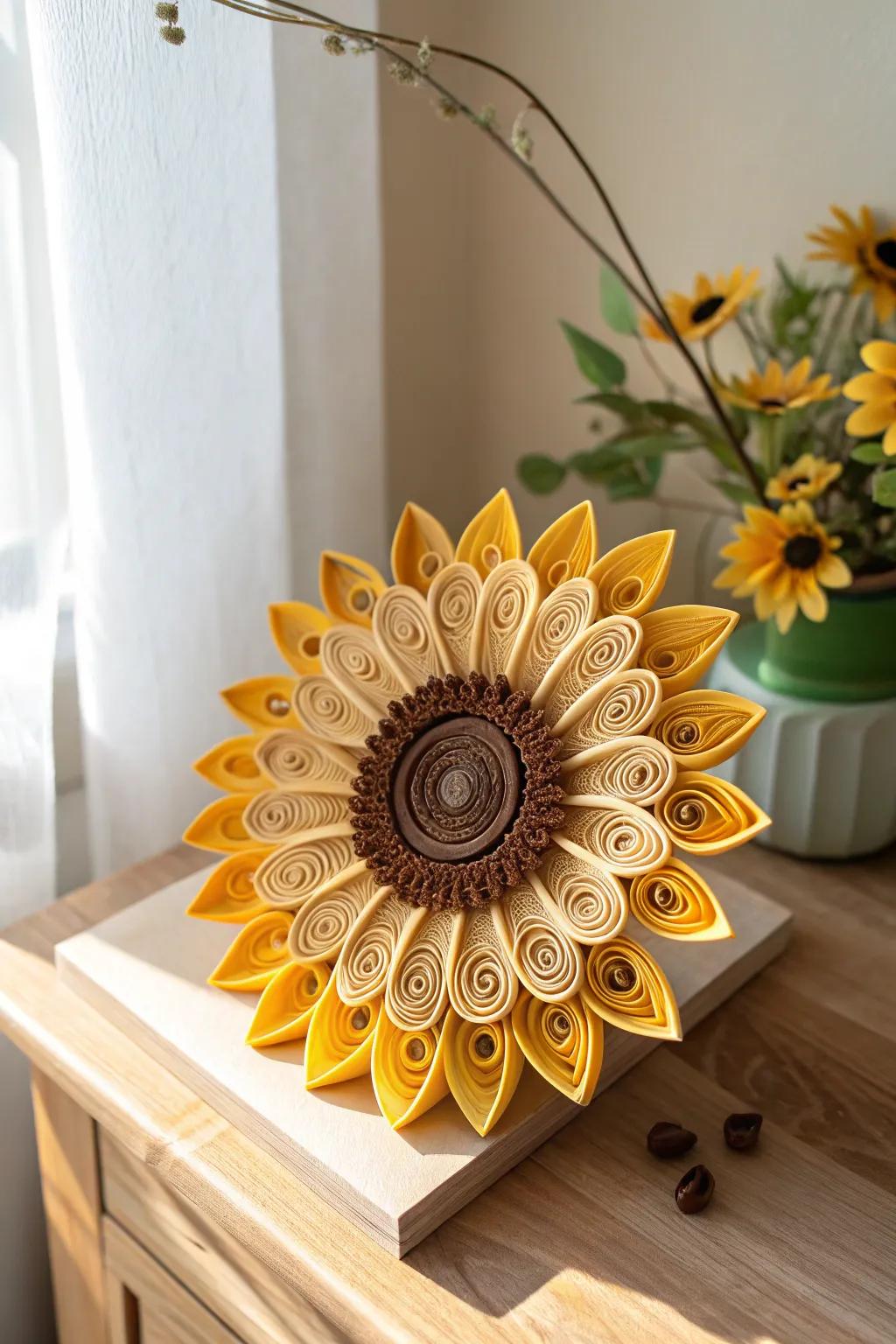 Bring the warmth of summer indoors with this handcrafted quilling sunflower, a perfect blend of minimalist design and boho charm.