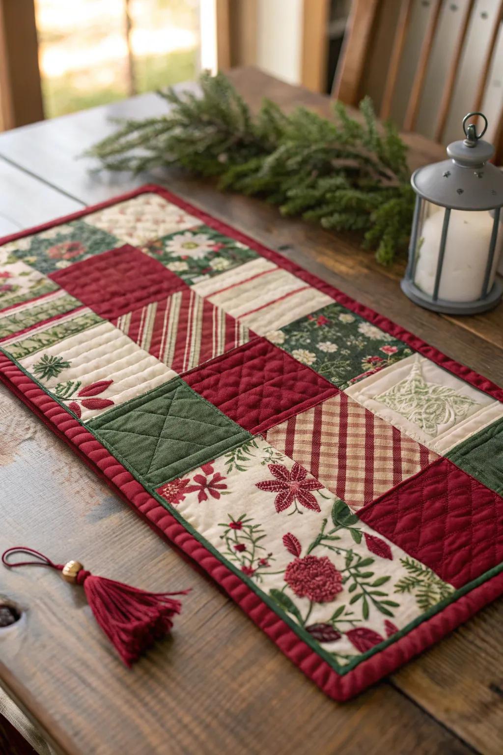 Embrace the festive spirit with a handcrafted touch: a classic red and green patchwork placemat to elevate your holiday table.