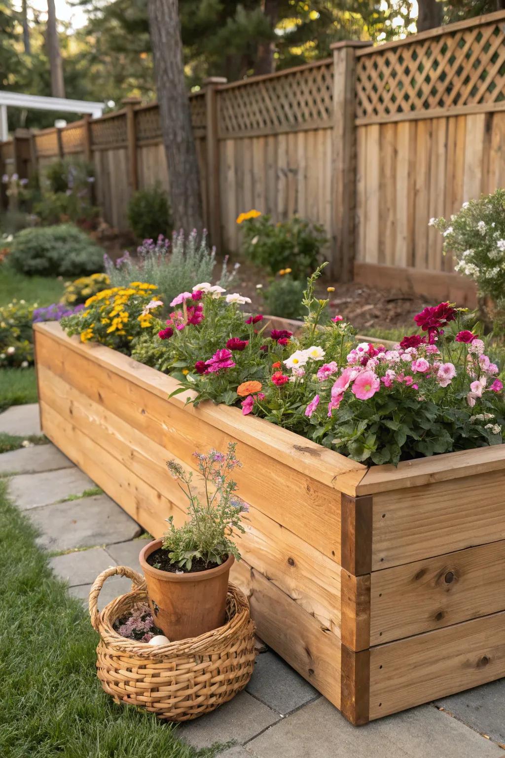Embrace natural beauty with a rustic cedar raised flower bed, a timeless addition to your garden oasis.