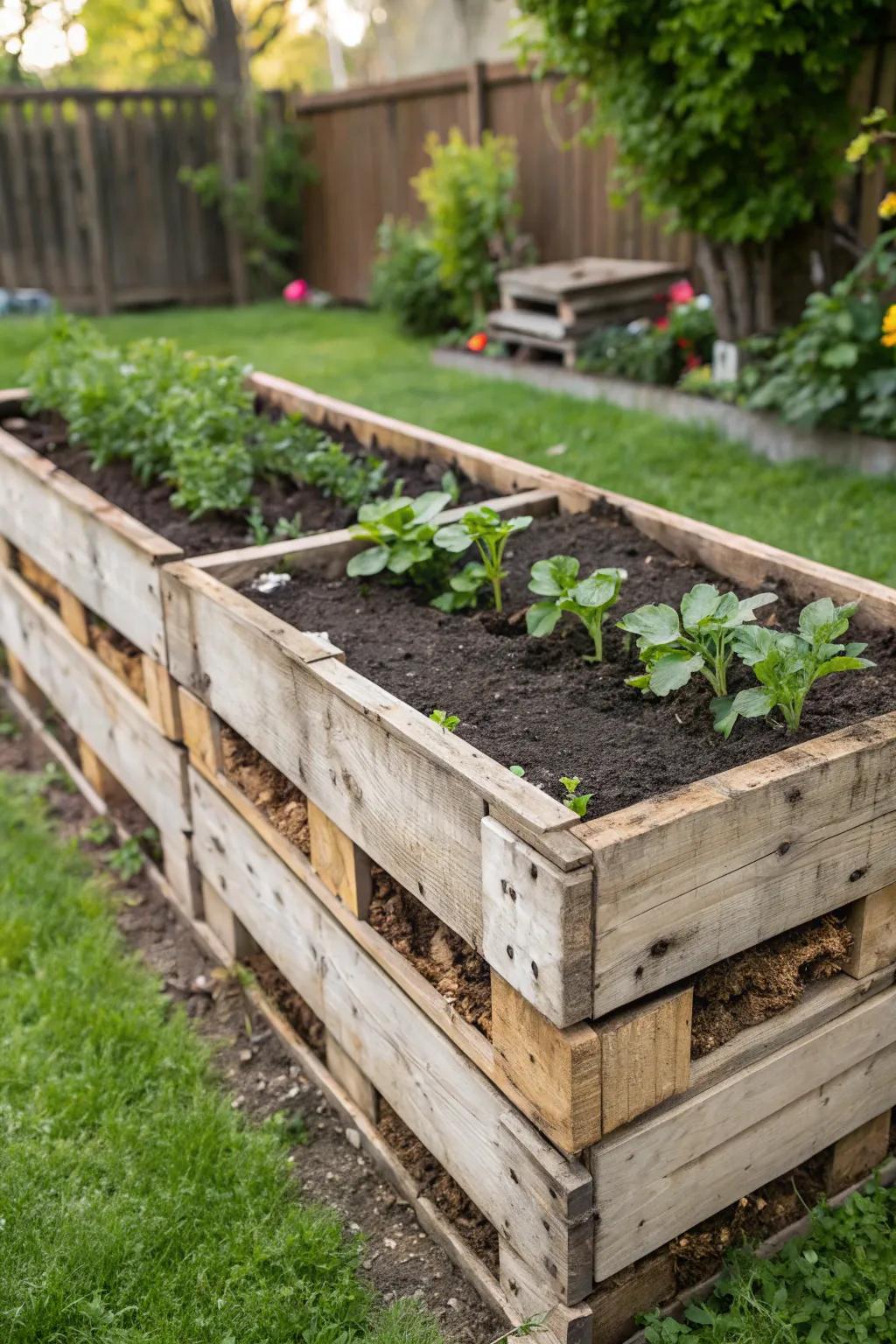Embrace rustic elegance with a handcrafted pallet garden bed, perfect for budding gardeners.