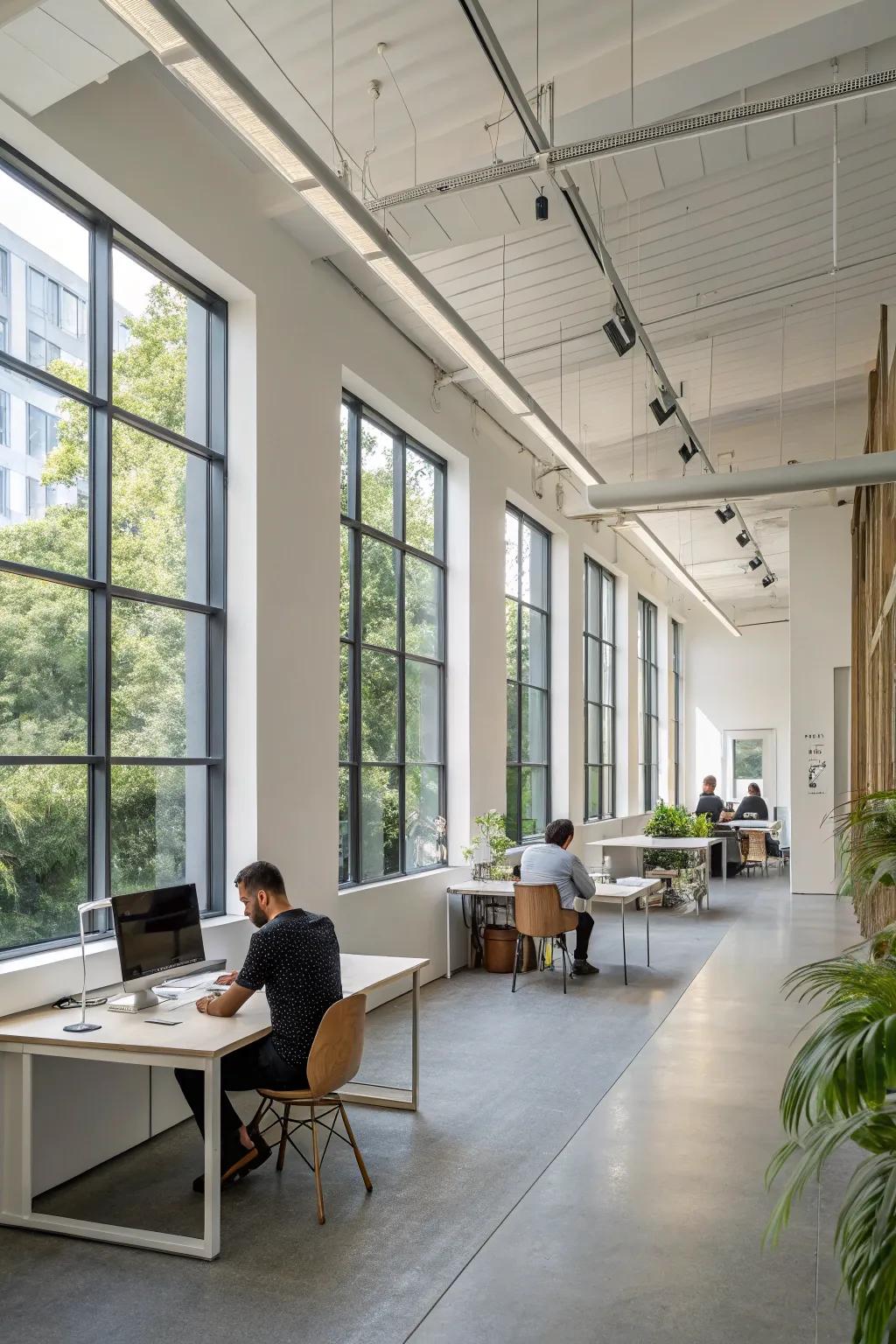An open office layout that utilizes large windows and minimalistic design for a bright, airy atmosphere.