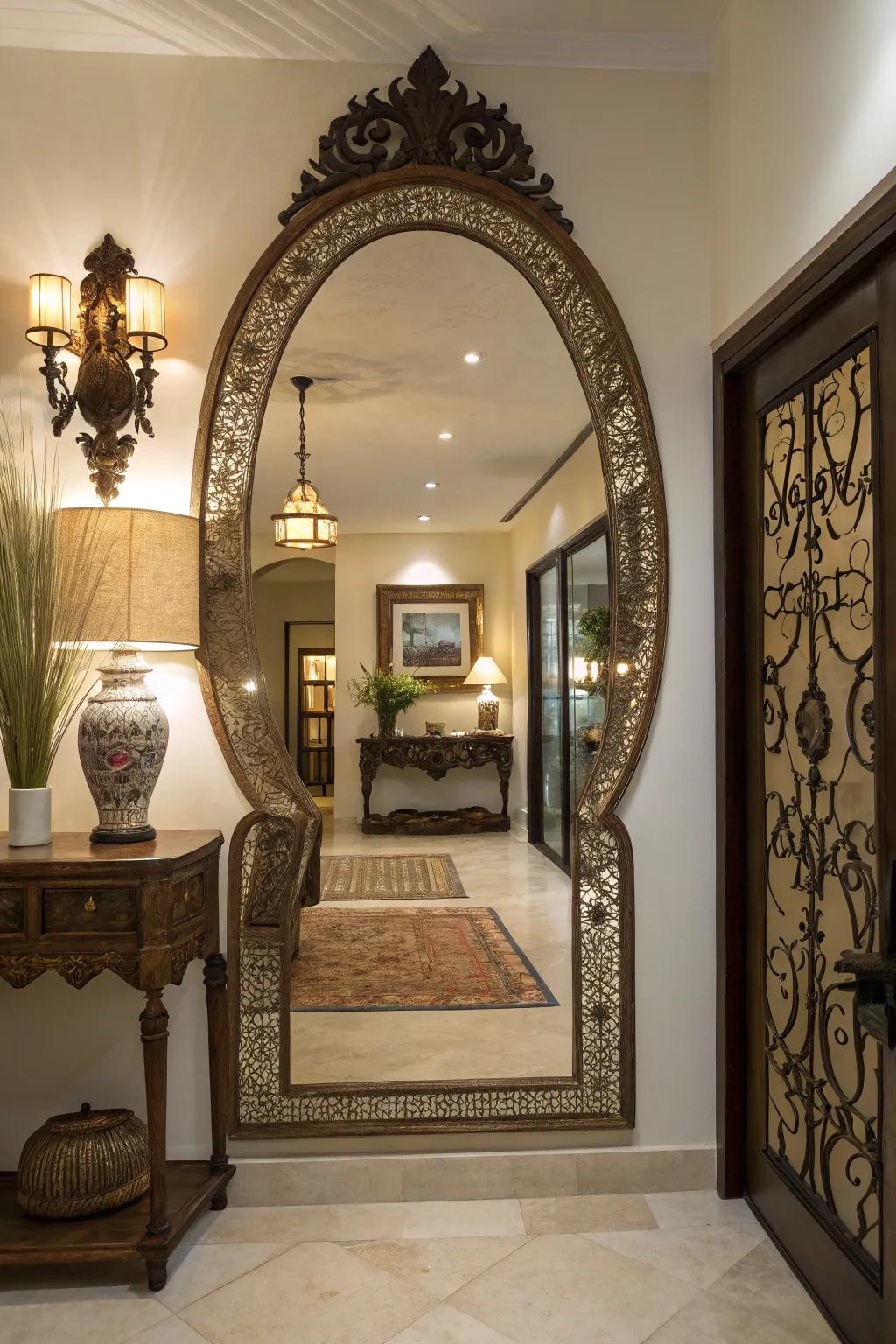 A uniquely shaped mirror in the entryway adds depth and light to the space.