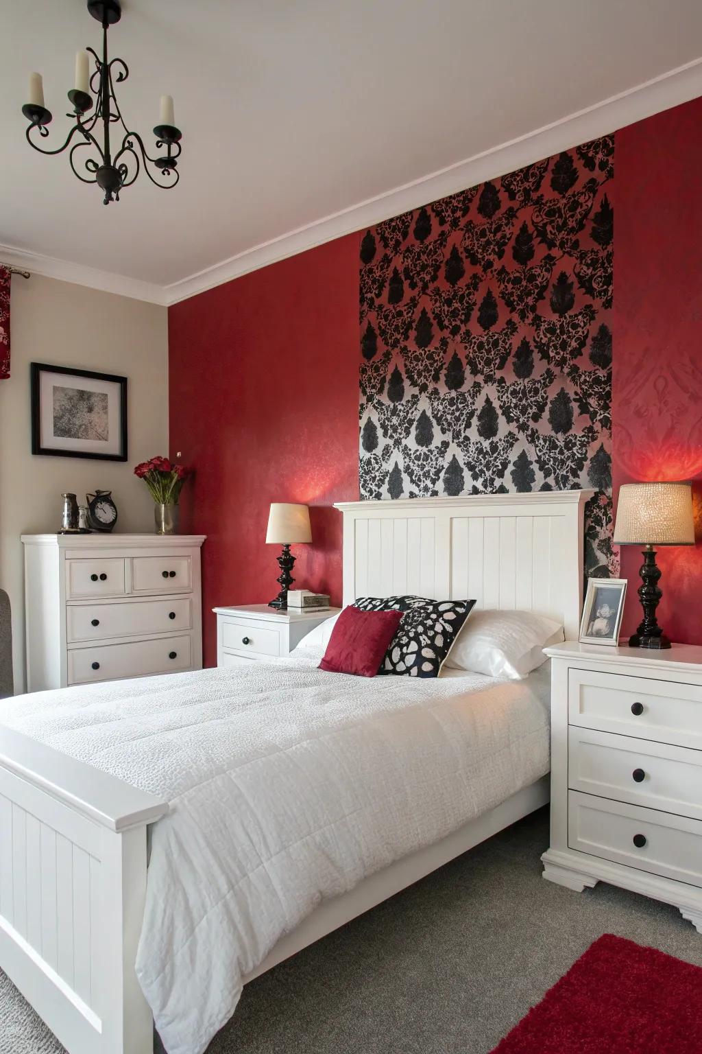 A red accent wall adds warmth and drama to this stylish bedroom.