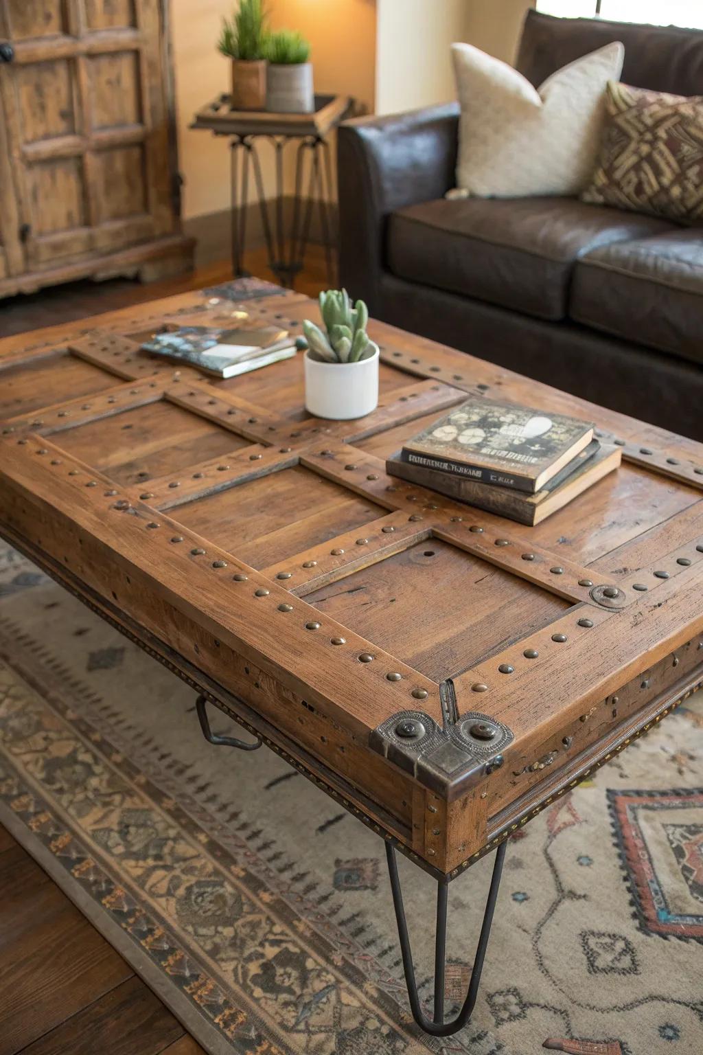 Transform history into a centerpiece: a vintage door reborn as a stunning coffee table.
