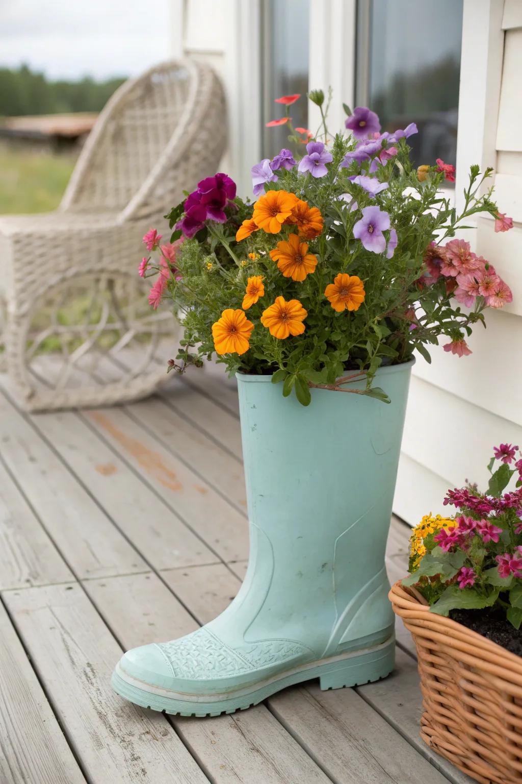 Breathe new life into old shoes with a burst of floral charm! 🌸 #FootwearFlourish #RepurposedPlanter