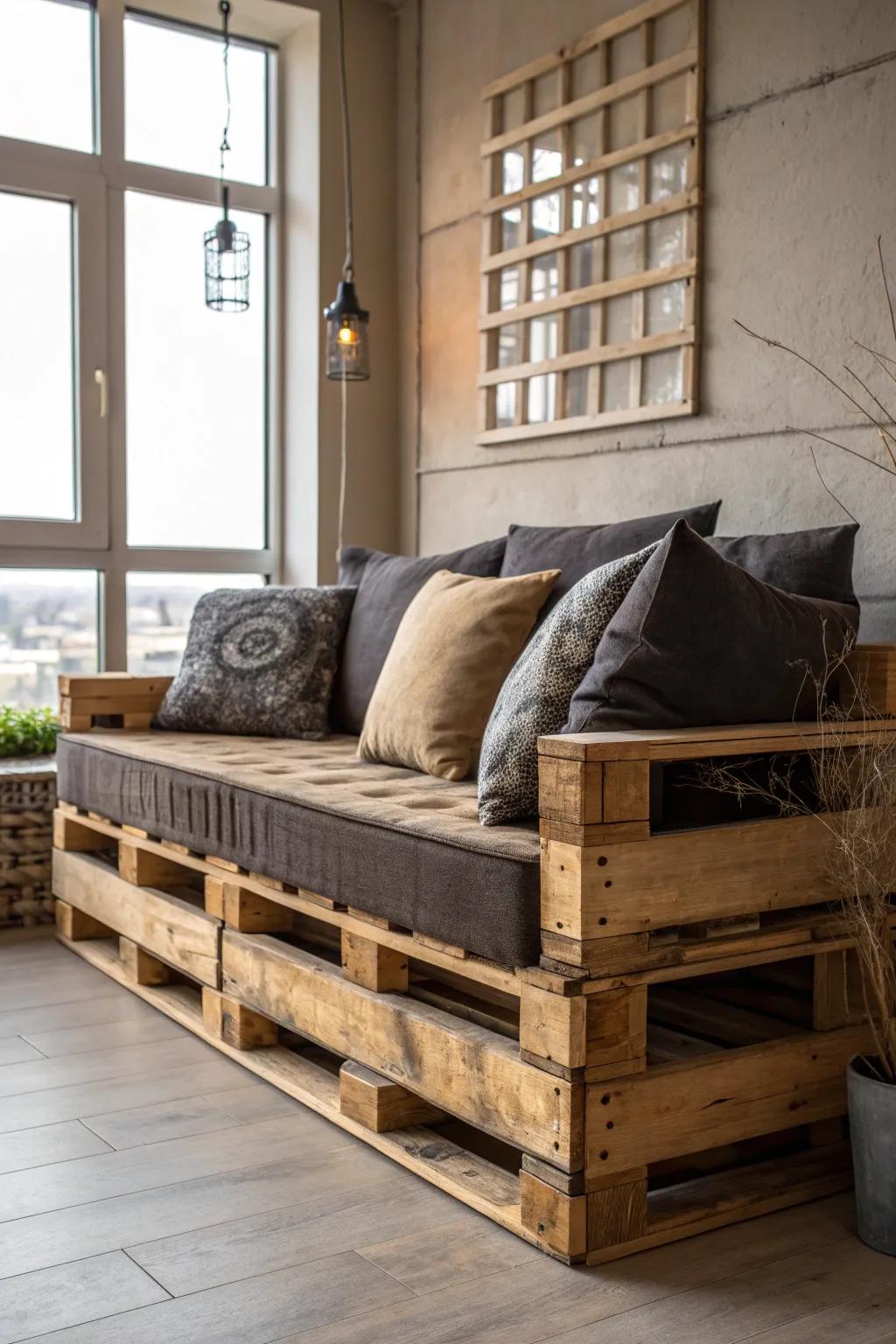 Elevate your space with the charm of a handcrafted pallet sofa, where rustic elegance meets modern comfort.