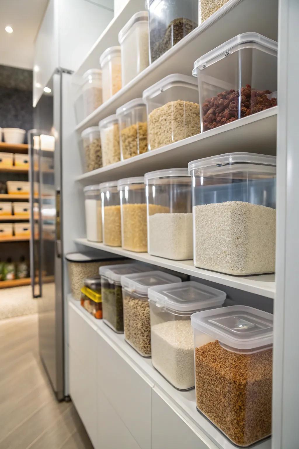Clear plastic containers offer visibility and easy access to rice.