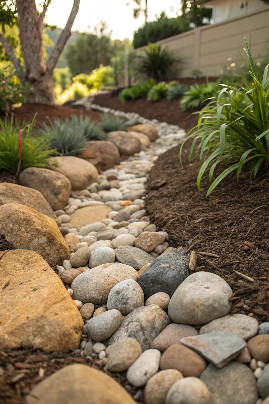 Transform your garden with the timeless elegance of a dry creek bed, where nature’s beauty meets masterful craftsmanship.