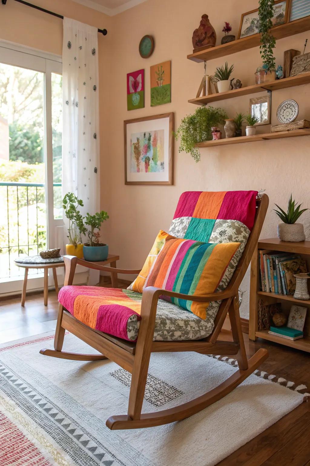 A rocking chair pops with lively colors in a bright setting.