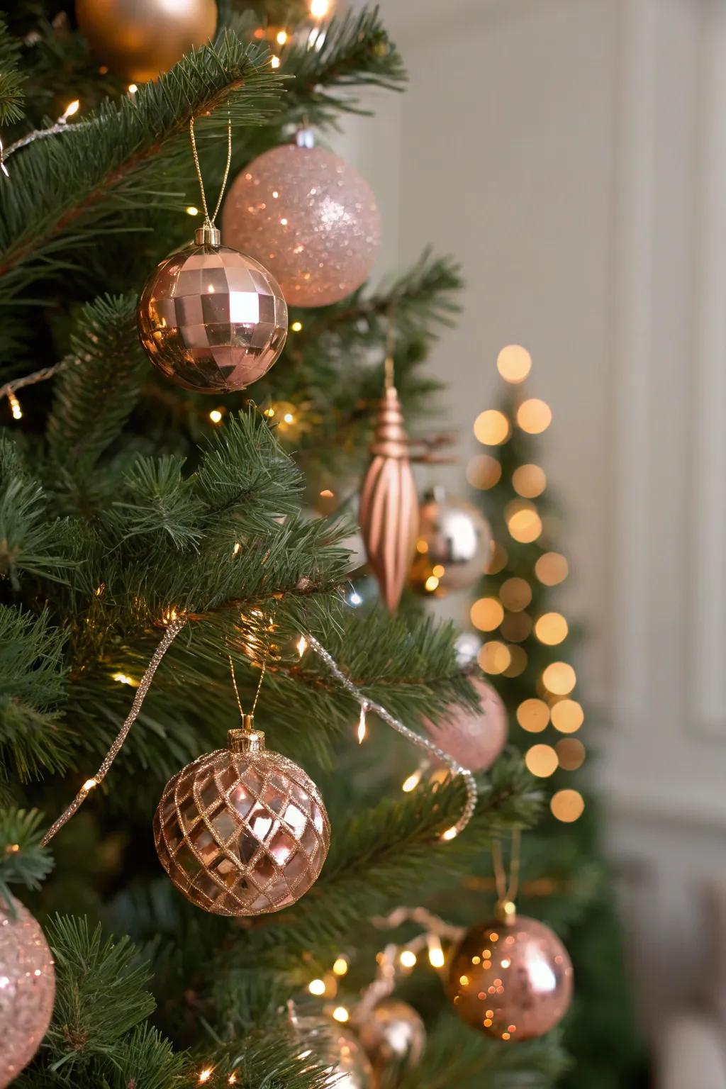 Elegant rose gold ornaments adding a luxurious touch to a Christmas tree.