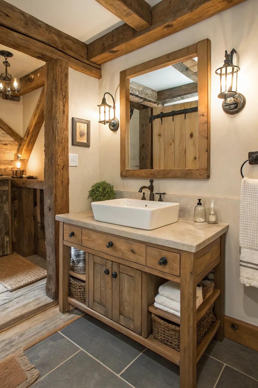 A bathroom featuring a reclaimed wood vanity with a white ceramic sink and rustic decor.