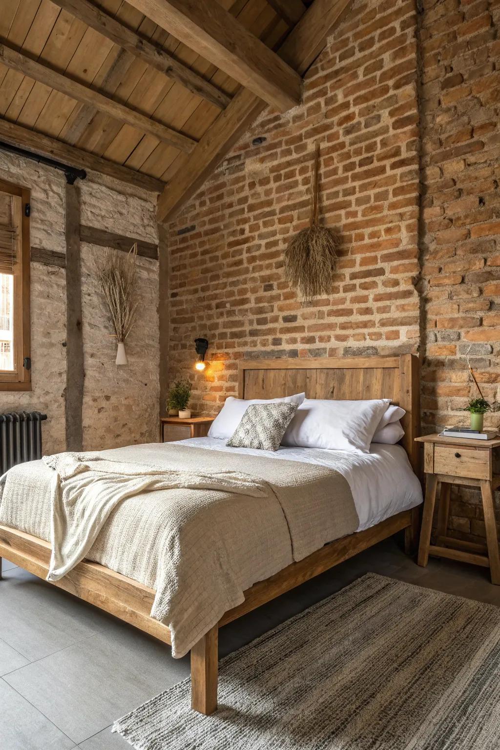 A harmonious blend of natural textures with a rustic brick wall backdrop.