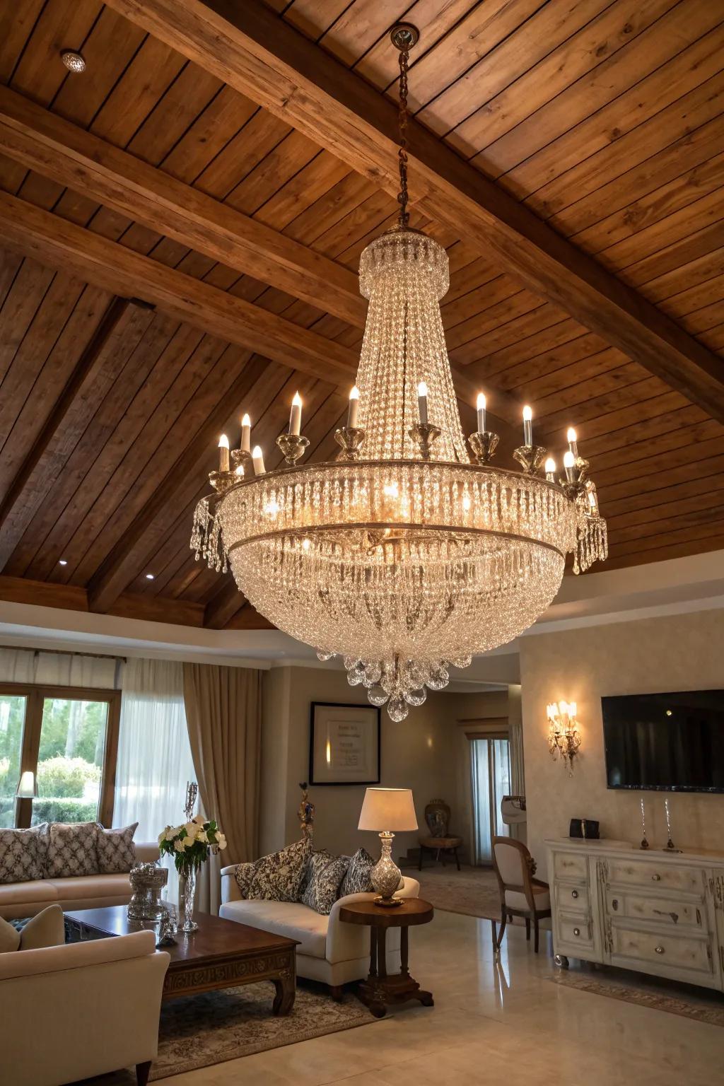 A stunning crystal chandelier adds a touch of glamour to this rustic living room.