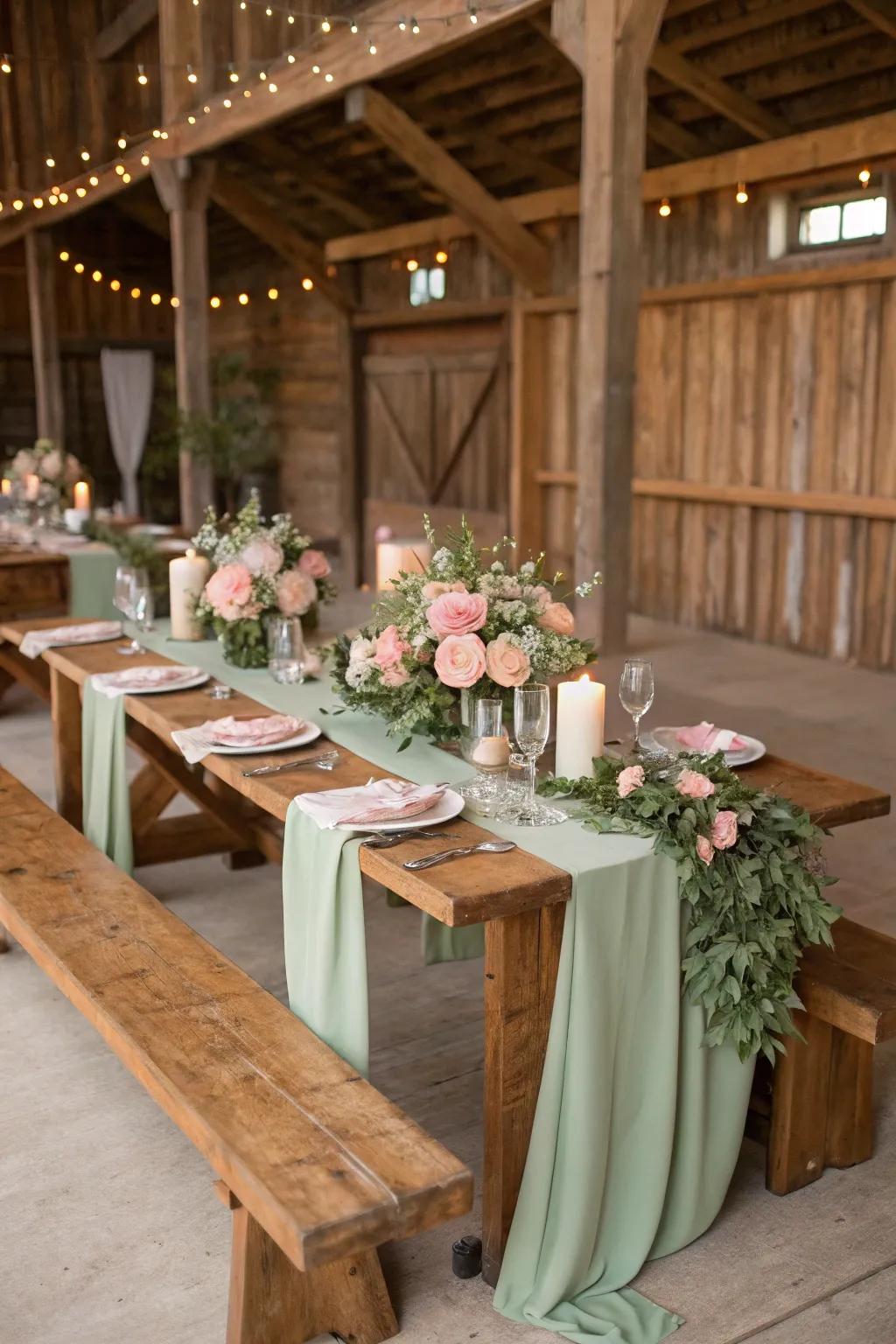 Sage green and blush pink create a harmonious and romantic setting.