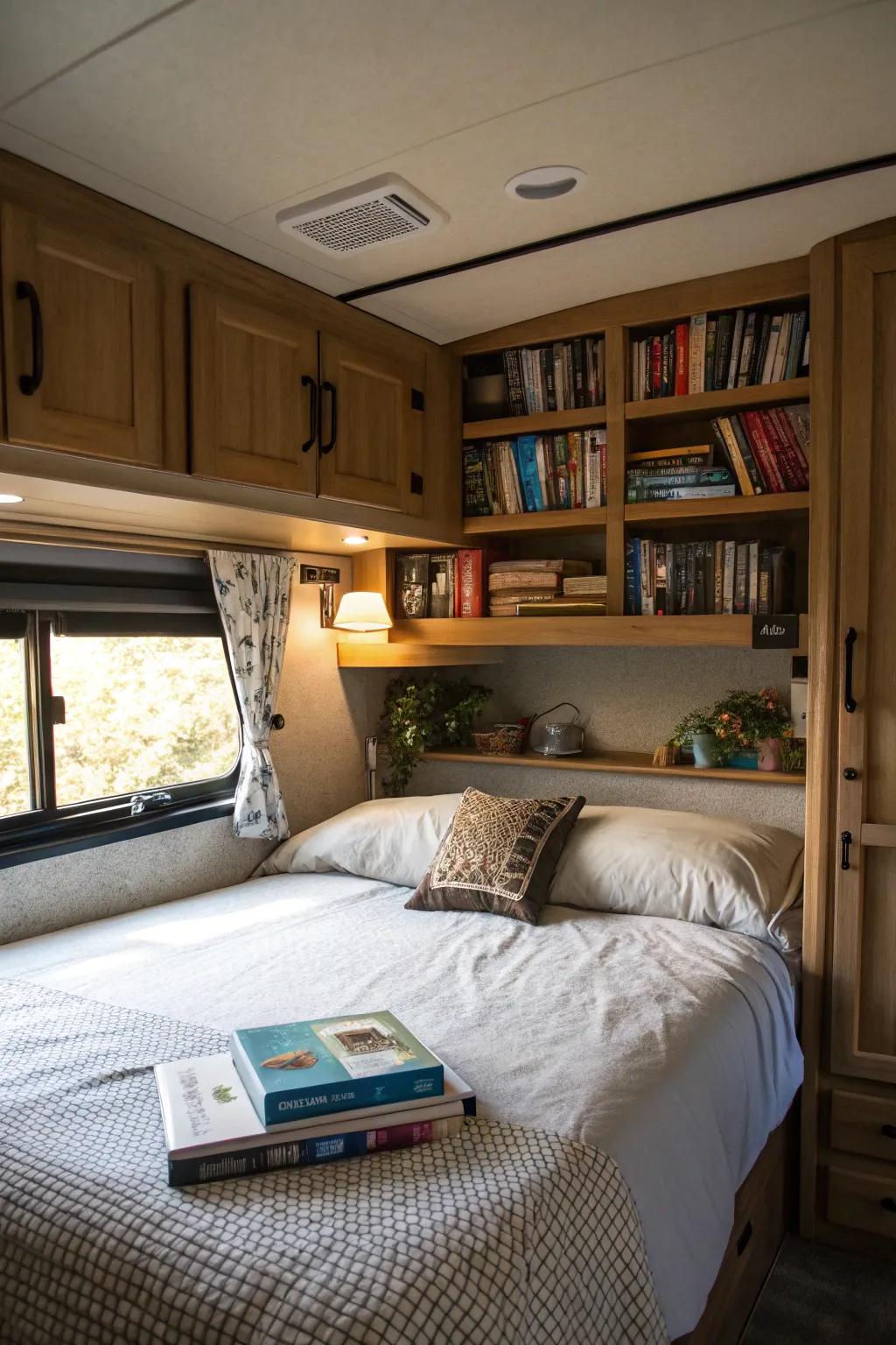 Overhead cabinets keep essentials within reach while saving space.