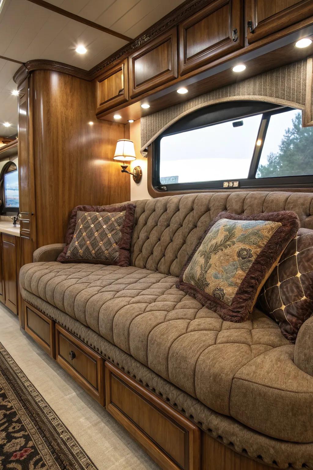 Elevate your RV experience with a plush sofa transformation—where comfort meets craftsmanship.