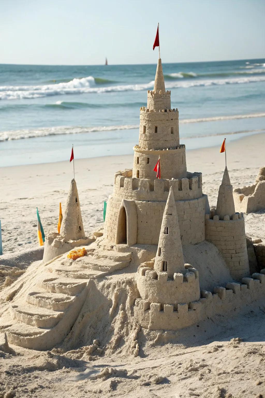 Bring your fairy tale to life with a classic multi-tiered sandcastle, where simplicity meets craftsmanship on the sunlit shores.