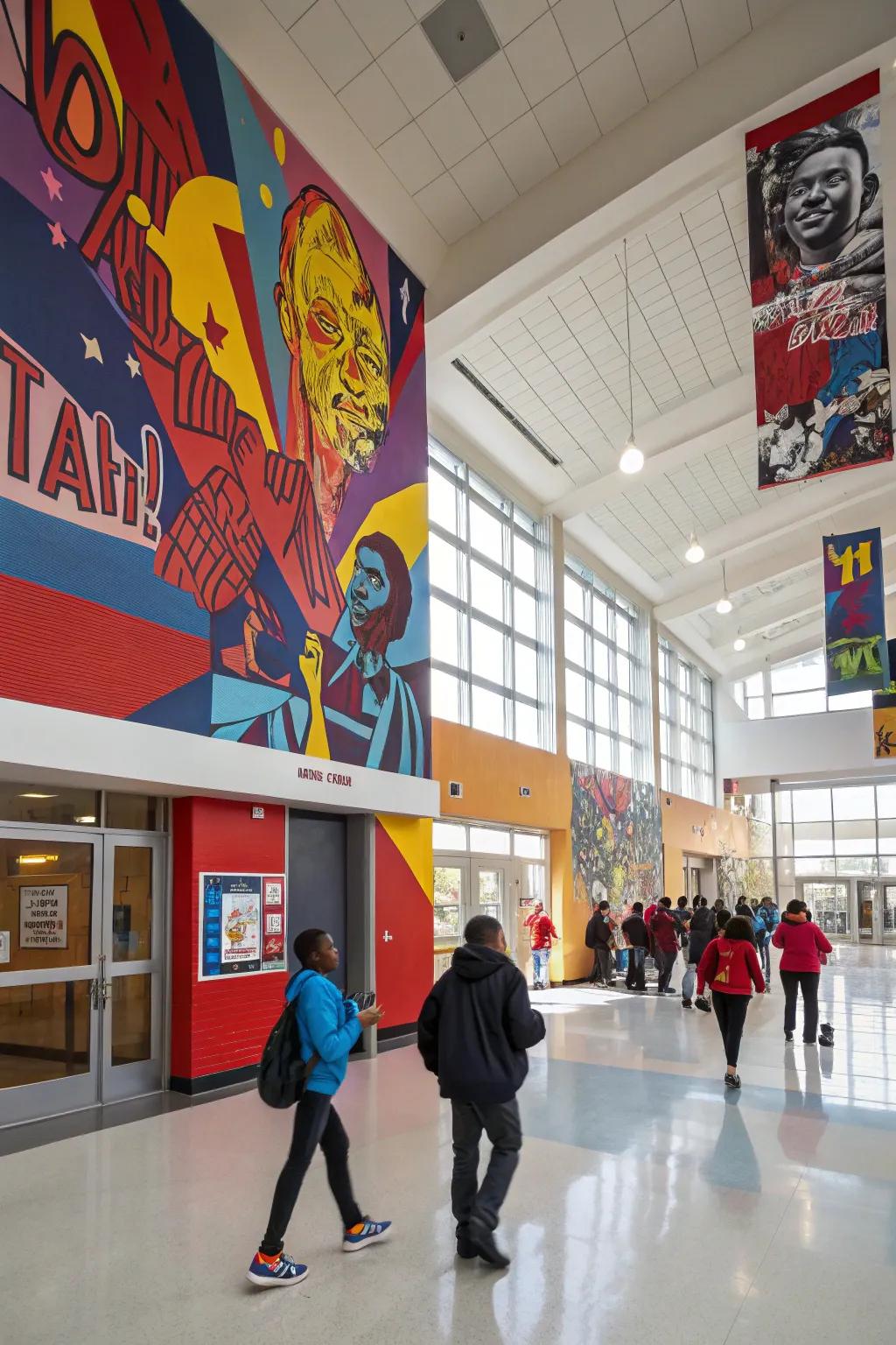 A school lobby brought to life with bold, colorful wall designs.