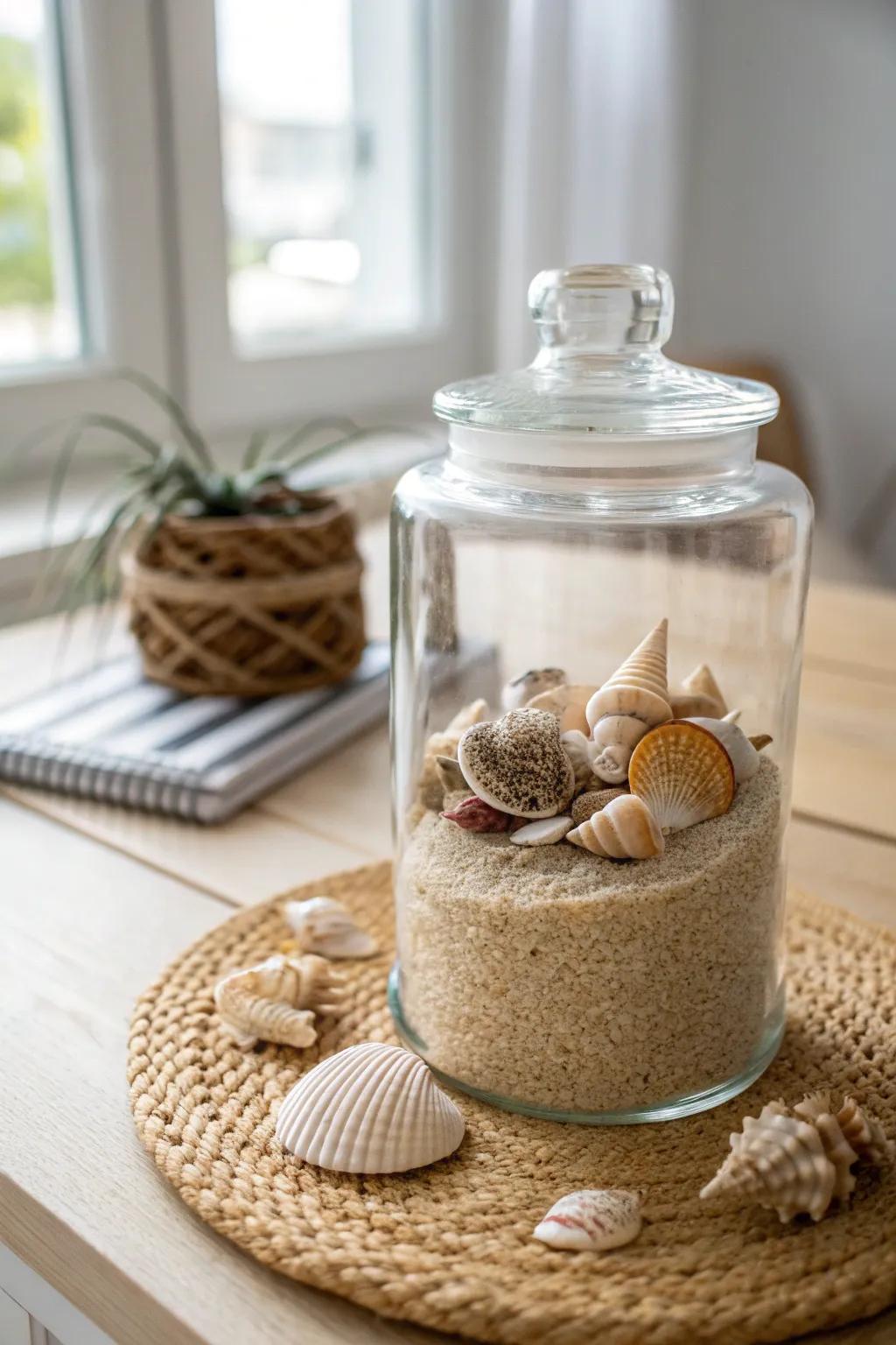 Bring the serene beauty of the beach to your home with this classic seashell and sand arrangement.