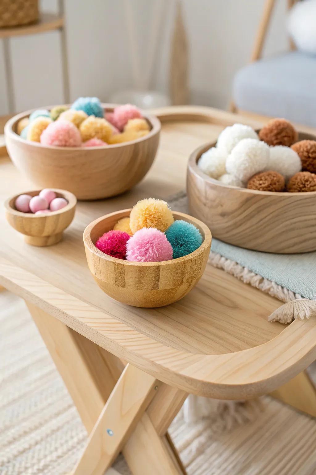 Discover the joy of learning with color-sorting pom-poms on a beautifully crafted sensory table. #ScandinavianStyle #MinimalistPlay #BohoTouch