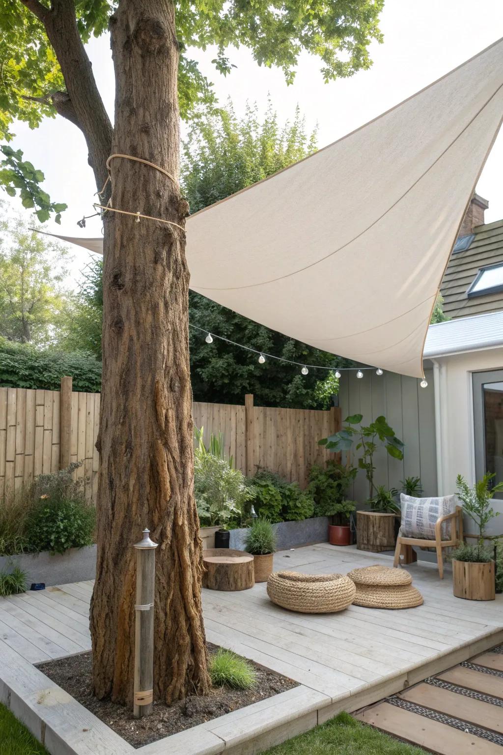 Embrace the beauty of nature with repurposed oak trunks as shade sail posts for a serene and stylish outdoor retreat.