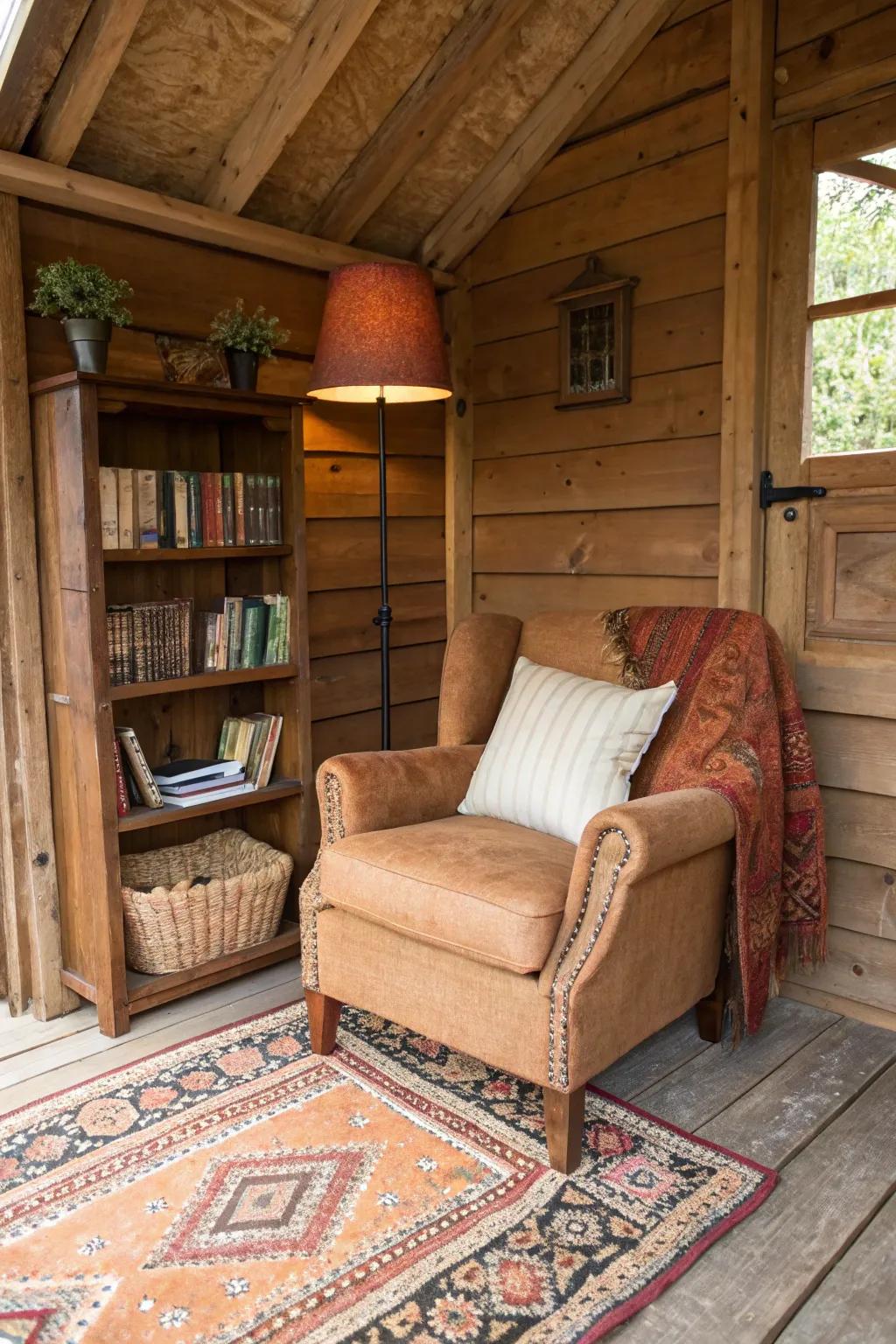 Transform your shed into a serene reading retreat with plush comfort and timeless style.