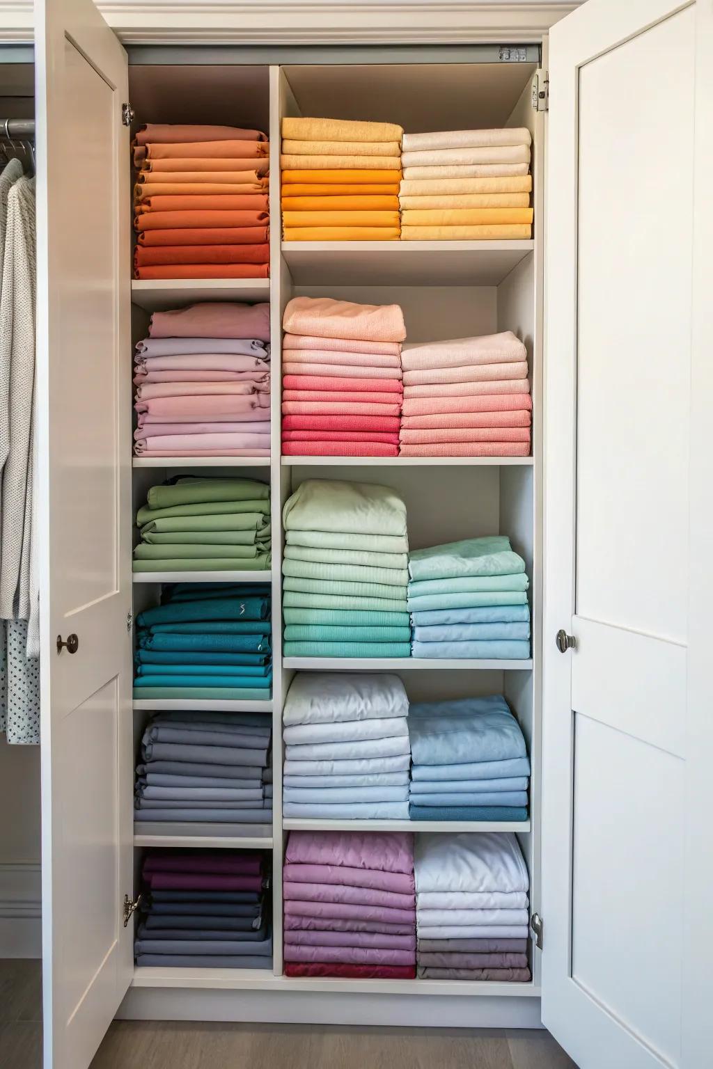 Maximize your closet space with adjustable shelving for perfectly organized sheets.