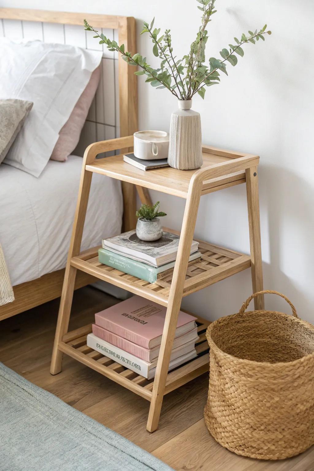 Transform your bedside with a multi-tiered shelf nightstand, embracing simplicity and natural beauty.