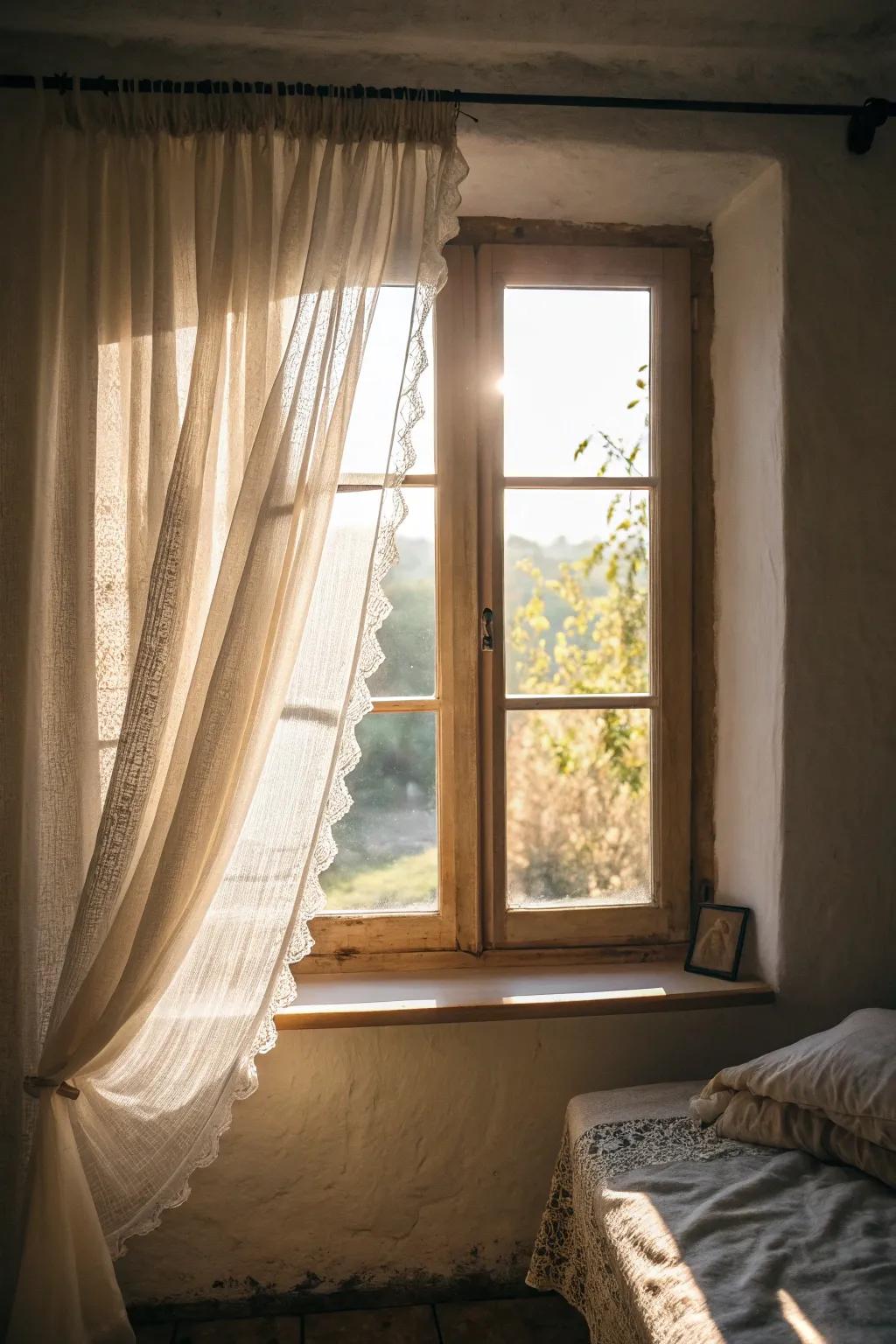 Sheer curtains gently disperse sunlight, creating a welcoming glow in your bedroom.