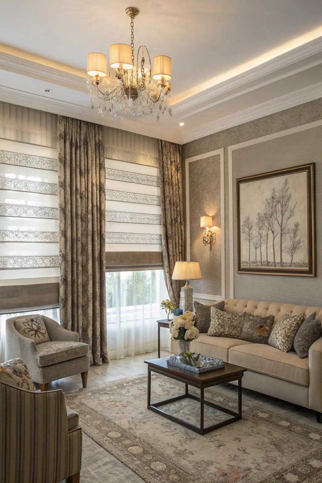 Layered short curtains with blinds for an elegant and flexible look.