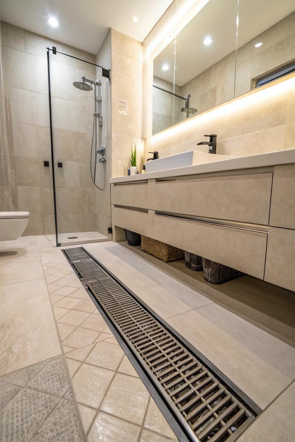 Linear drains add a sleek touch to modern bathrooms.