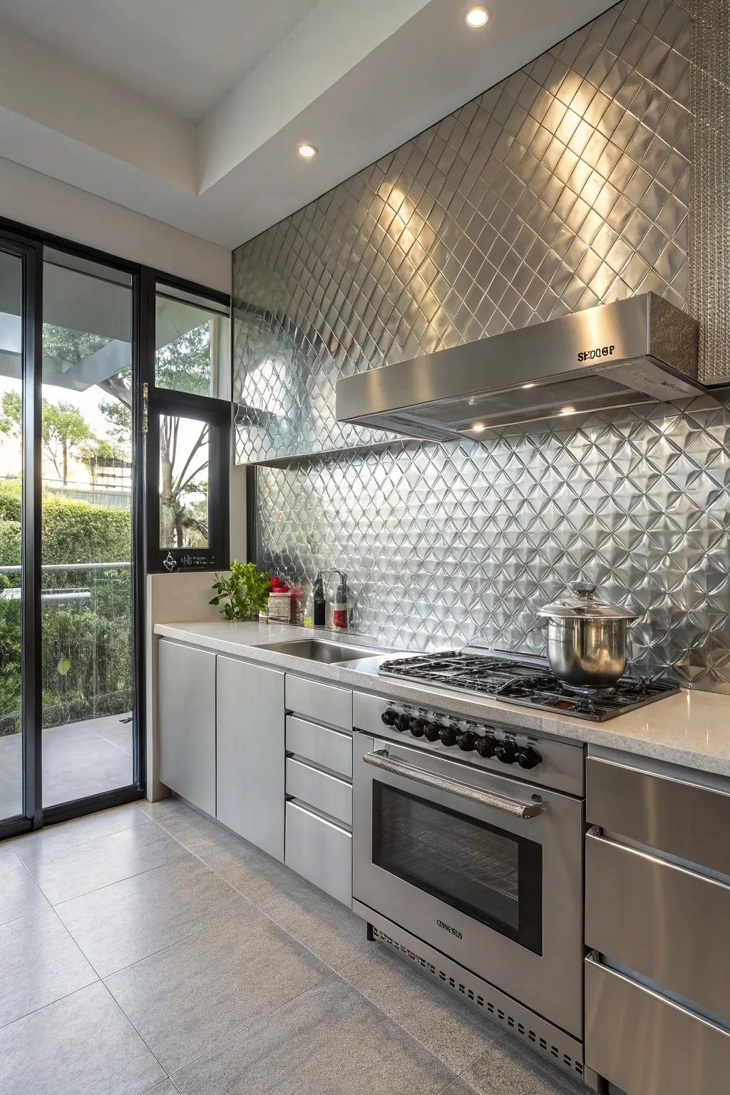 Embossed silver tiles adding texture and elegance to a kitchen.
