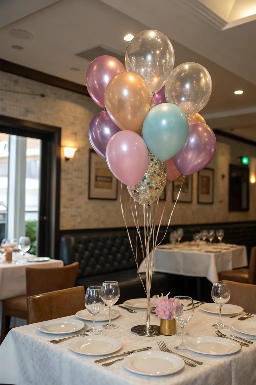 Colorful balloon bouquets adding a festive touch to a restaurant table.