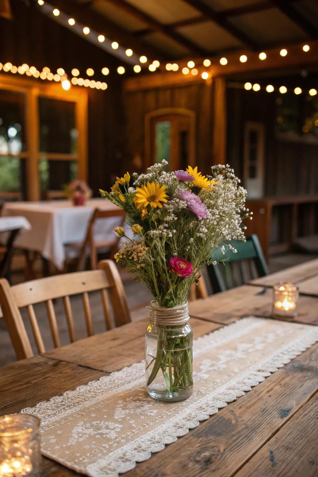 Wildflowers in mason jars create a rustic charm on any table.