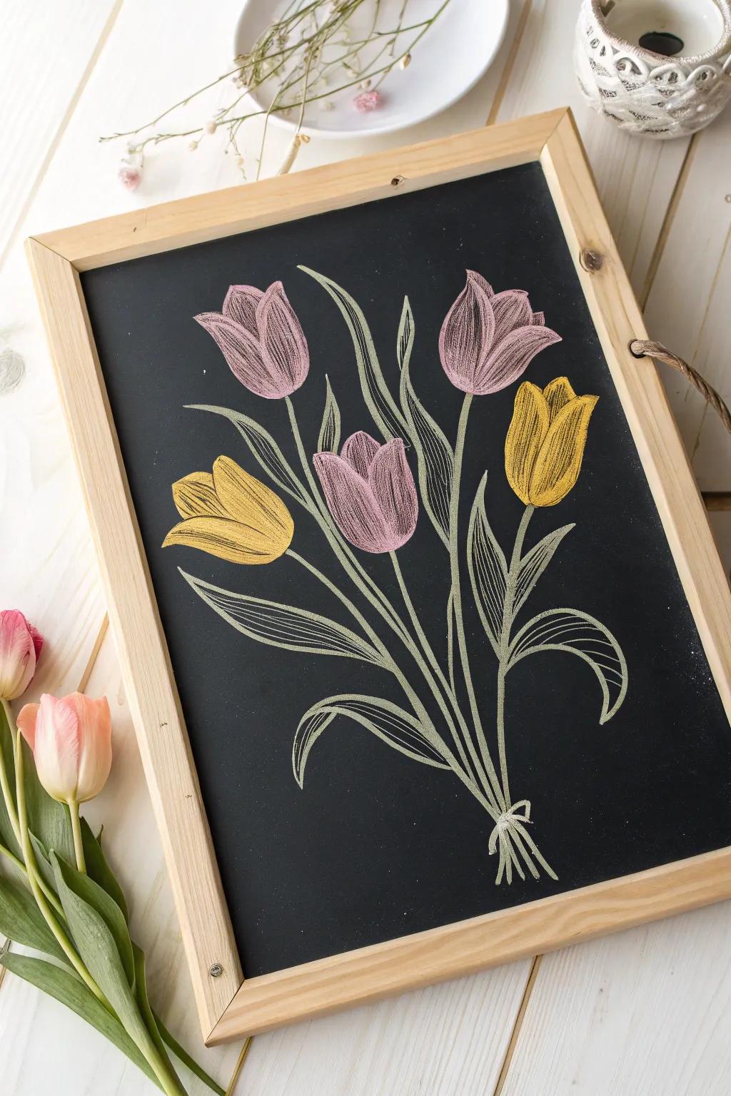 Embrace spring's charm with blooming tulips on your kitchen chalkboard!