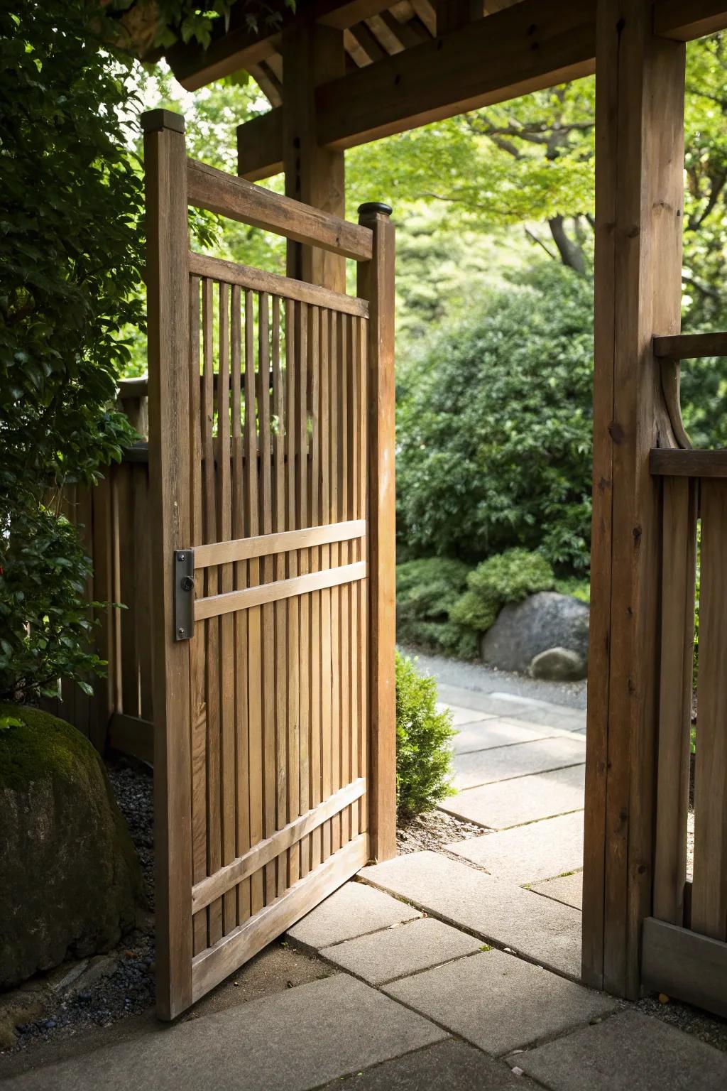 Embrace rustic elegance with a classic wooden slat gate, where craftsmanship meets timeless design.
