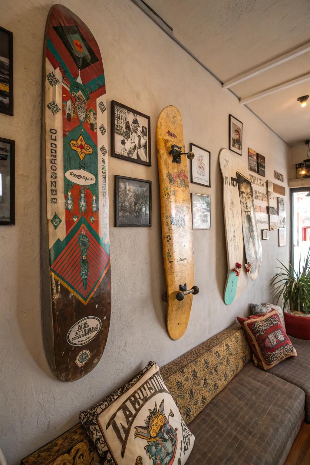 Vintage skateboards artfully displayed on a room's wall.