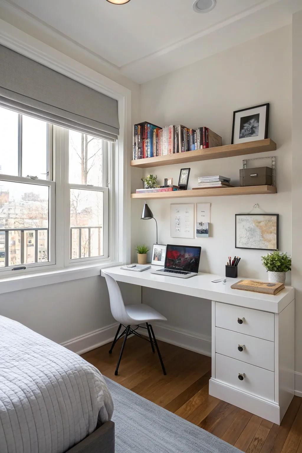 A floating desk offers a minimalist solution for small bedroom layouts.