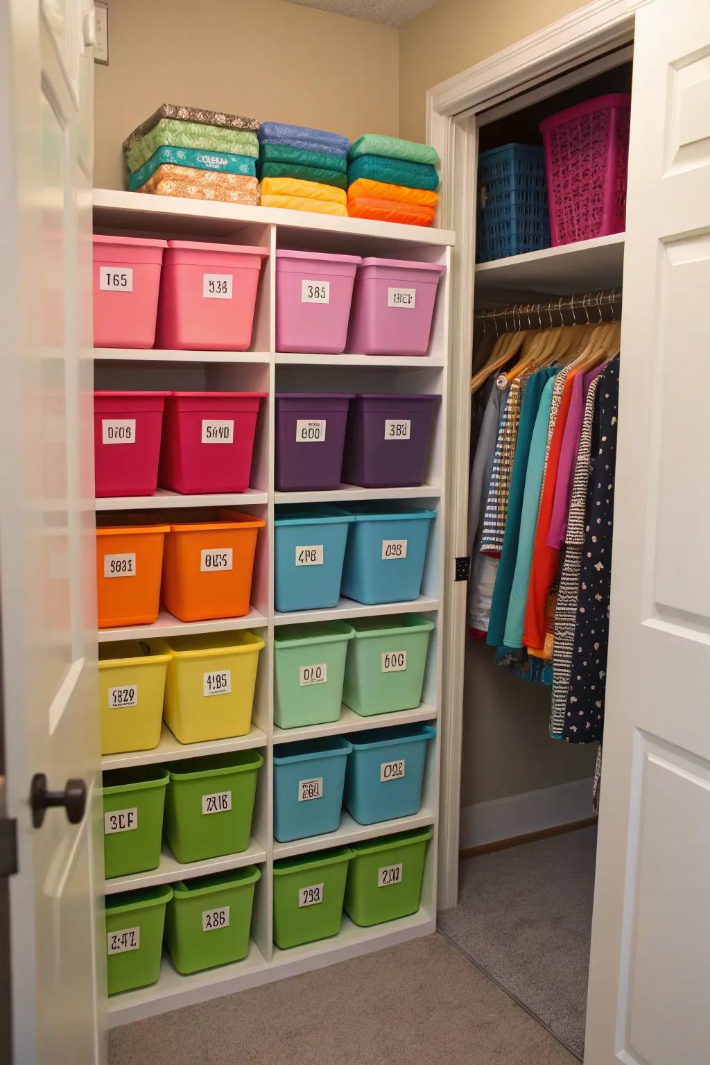 Storage bins help keep your closet organized and colorful.