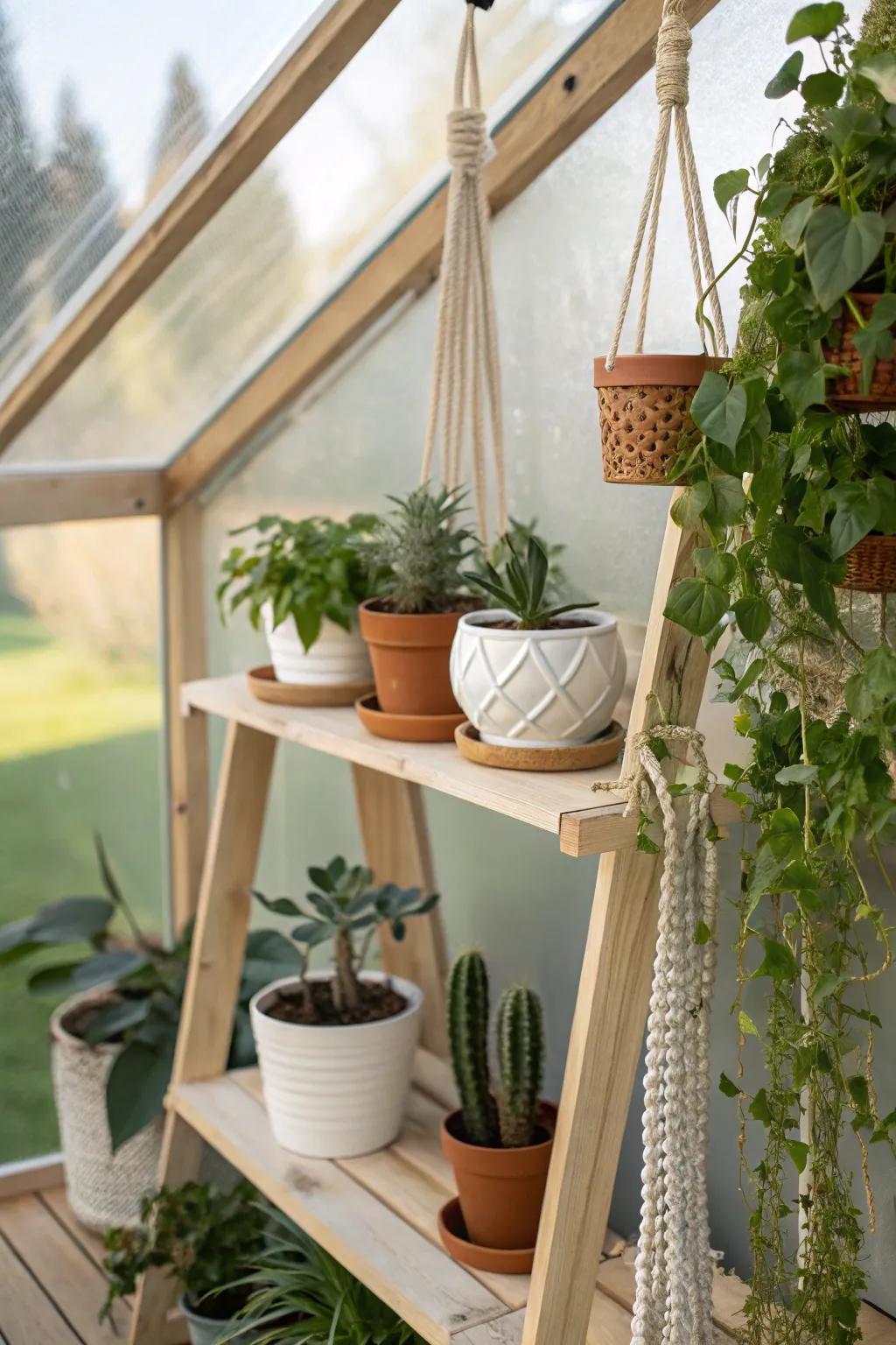 Transform your greenhouse into a vertical oasis with elegant shelving and hanging plants. #GreenhouseGoals #ScandiBohoStyle