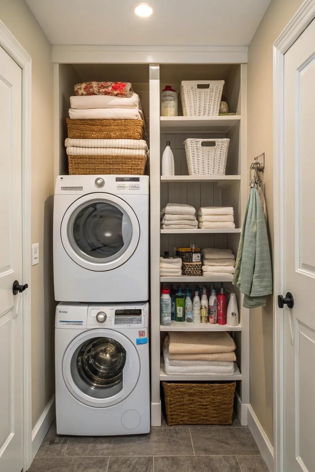Stacked appliances make room for extra storage.