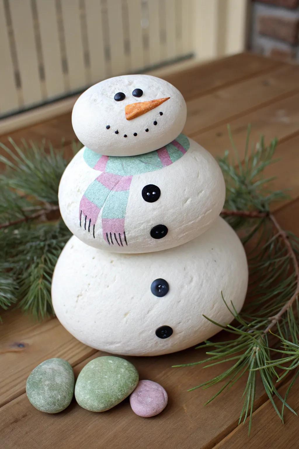 Craft your own charming trio of painted rock snowmen for a touch of minimalist winter magic.
